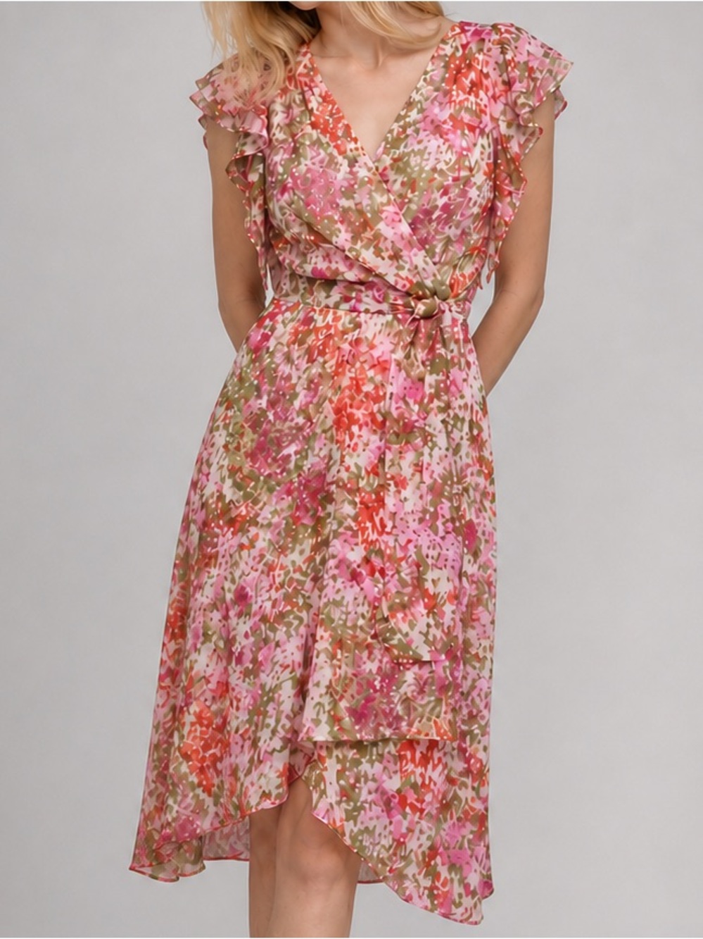 🆕🌸🌿DKNY Floral Wrap Dress Size 12 Pink Green Chiffon Party Midi Spring Summer
